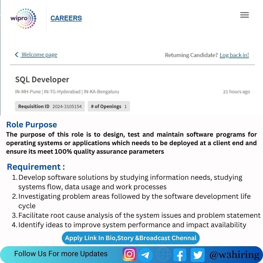 Wipro Recruitment 2024 Hiring SQL Developer