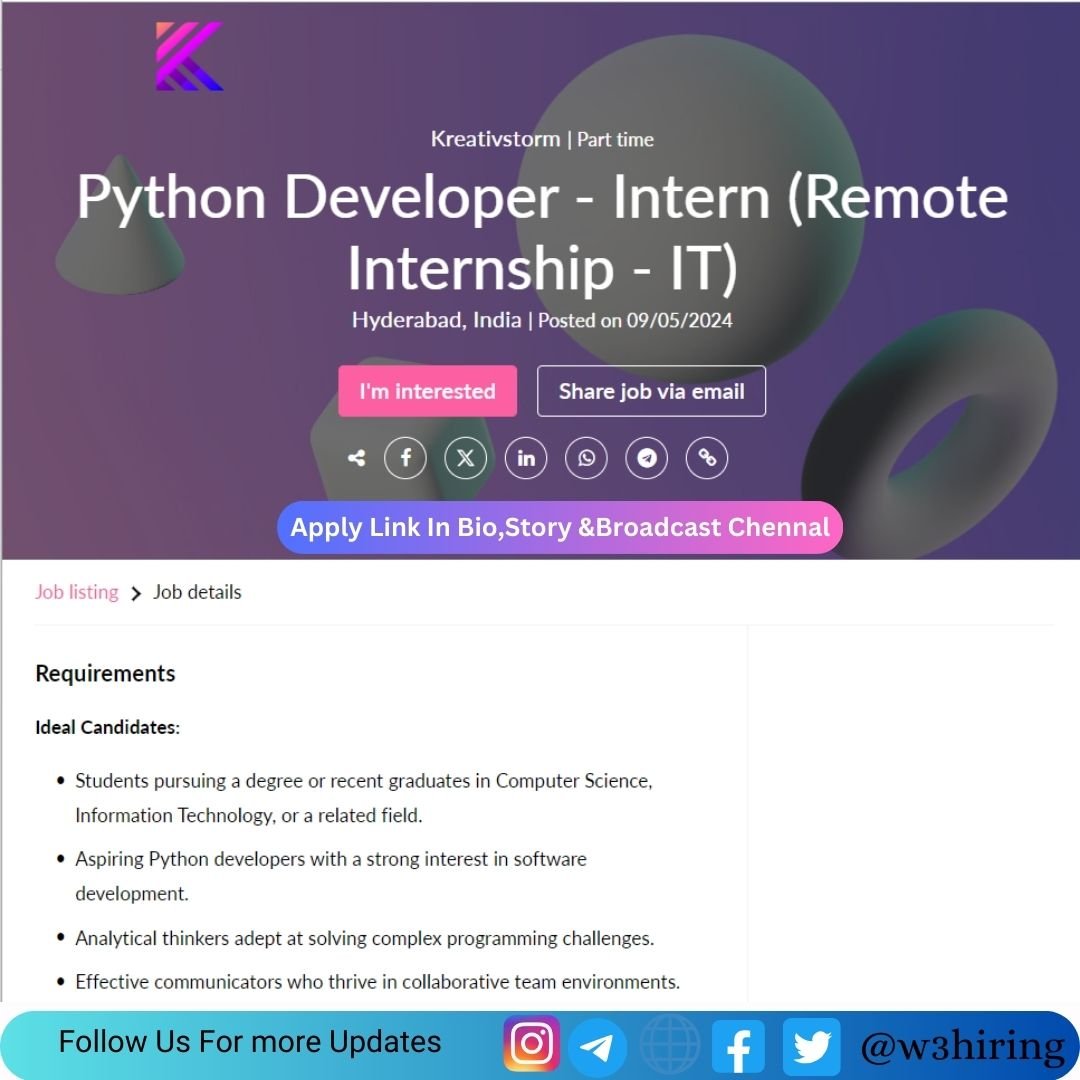 Kreativstorm Recruitment 2024 Hiring Python Developer - Intern- Any Degree