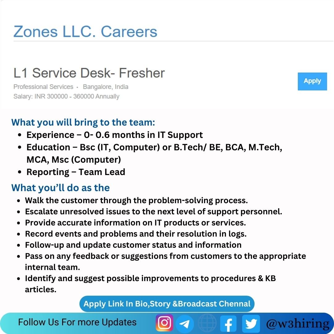 Zones LLC Recruitment 2024 Hiring Service Desk- Fresher- BE/B-Tech/BCA/BSc/ME/M-Tech/MCA/MSc
