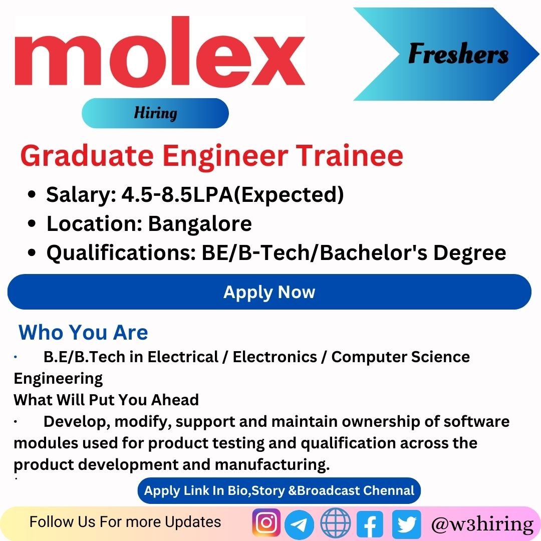 Molex Recruitment 2024 Hiring Graduate Engineer Trainee- BE/B-Tech