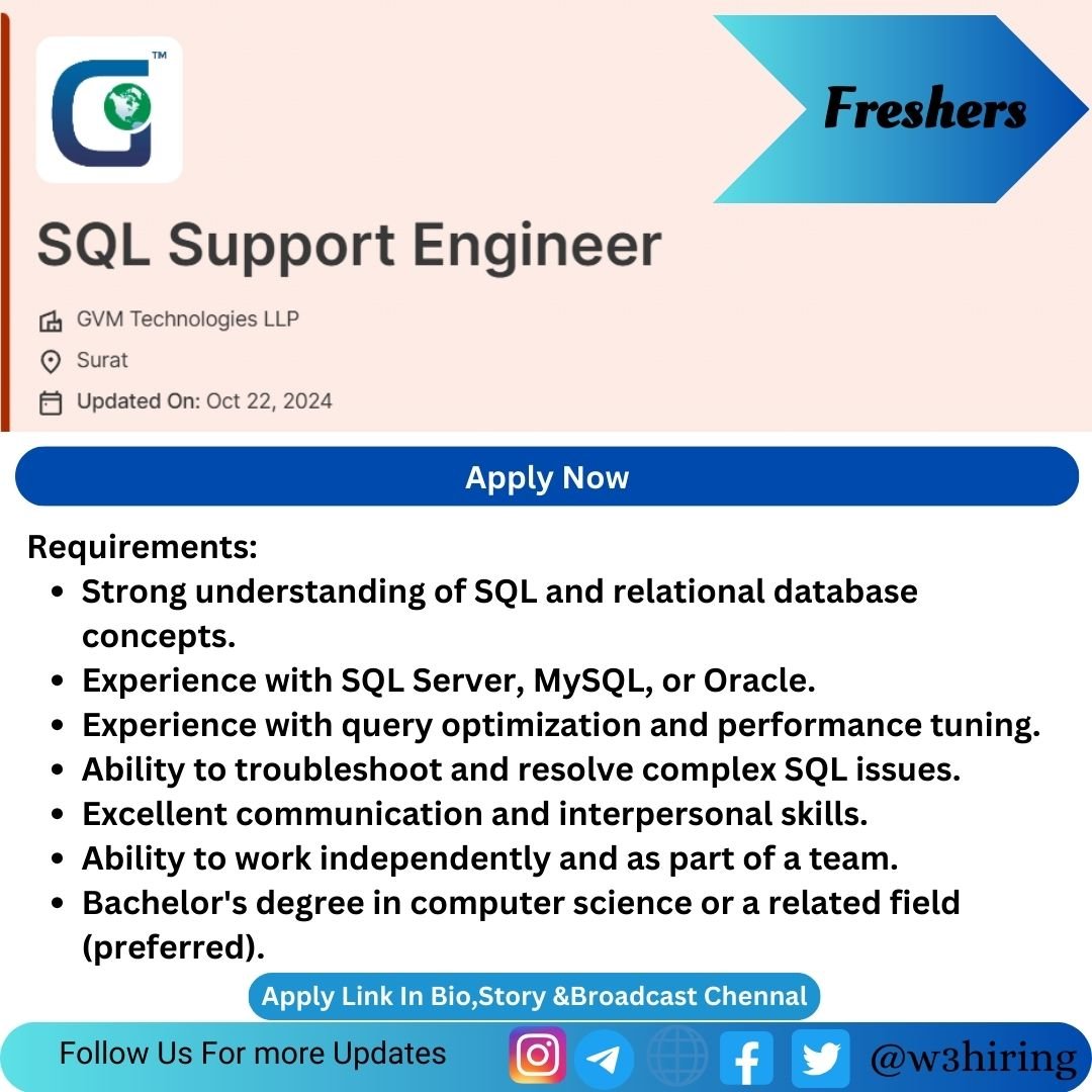 GVM Technologies Recruitment 2024 Hiring SQL Support Engineer- BE/B-Tech/BCA/BSC/MCA/MSC/ME/M-Tech