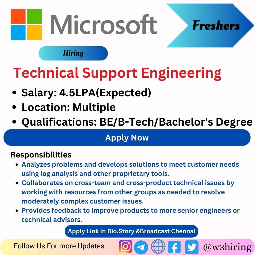 Microsoft Recruitment 2024 Hiring Technical Support Engineering Intern