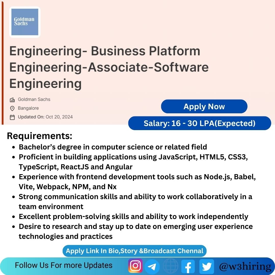 Goldman Sachs Jobs 2024 Hiring Associate Software Engineer