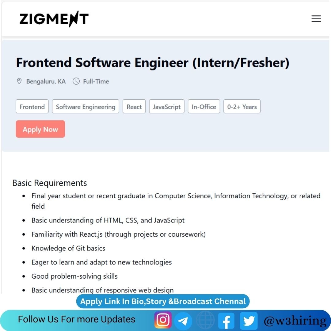 Zigment Recruitment 2024 Hiring Frontend Software Engineer- Bachelor's Degree