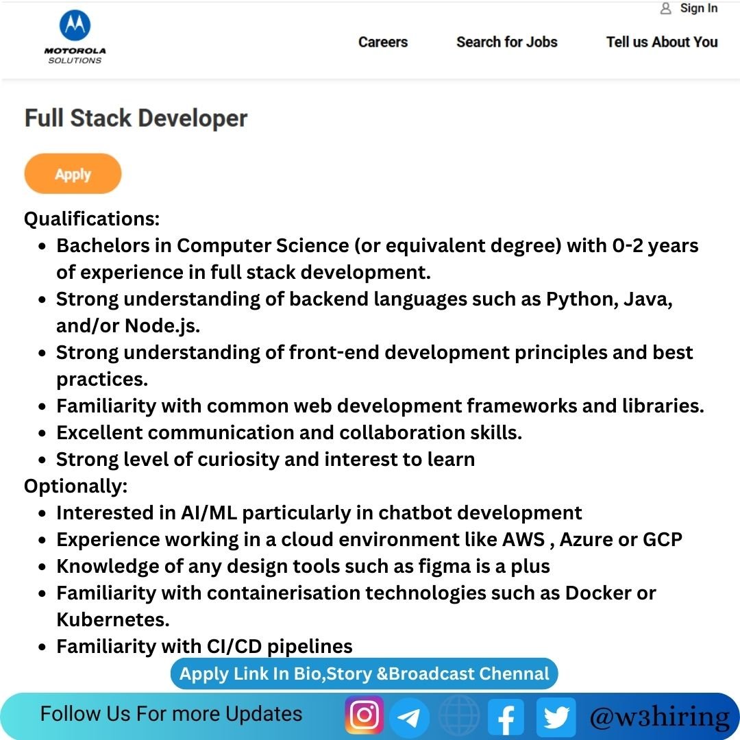 Motorola Recruitment 2024 Hiring Full Stack Developer- Bachelor's Degree |Apply Now