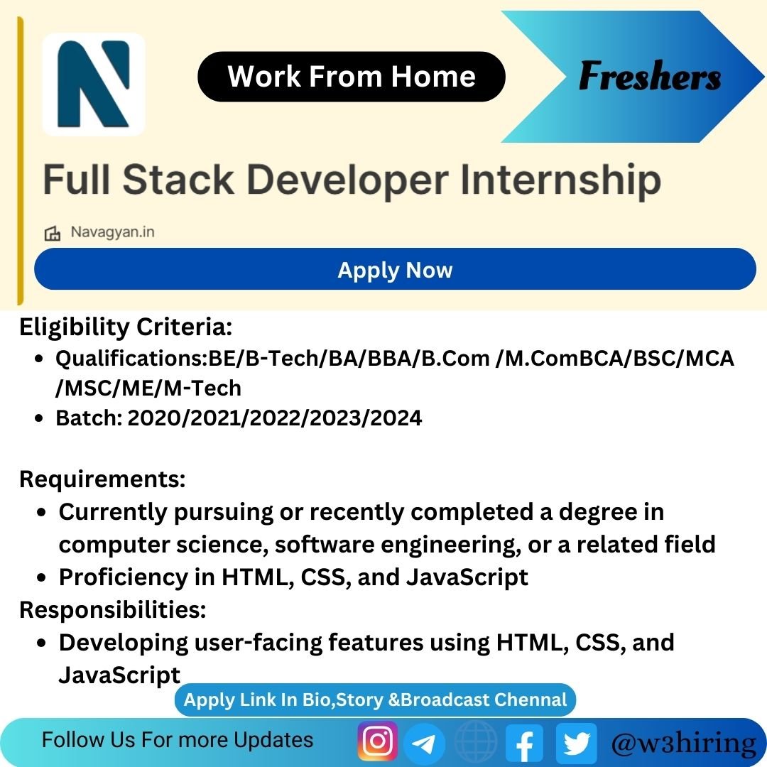 Navagyan Recruitment 2024 Hiring Full Stack Developer Internship- Bachelor's/Master's Degree |Apply Now
