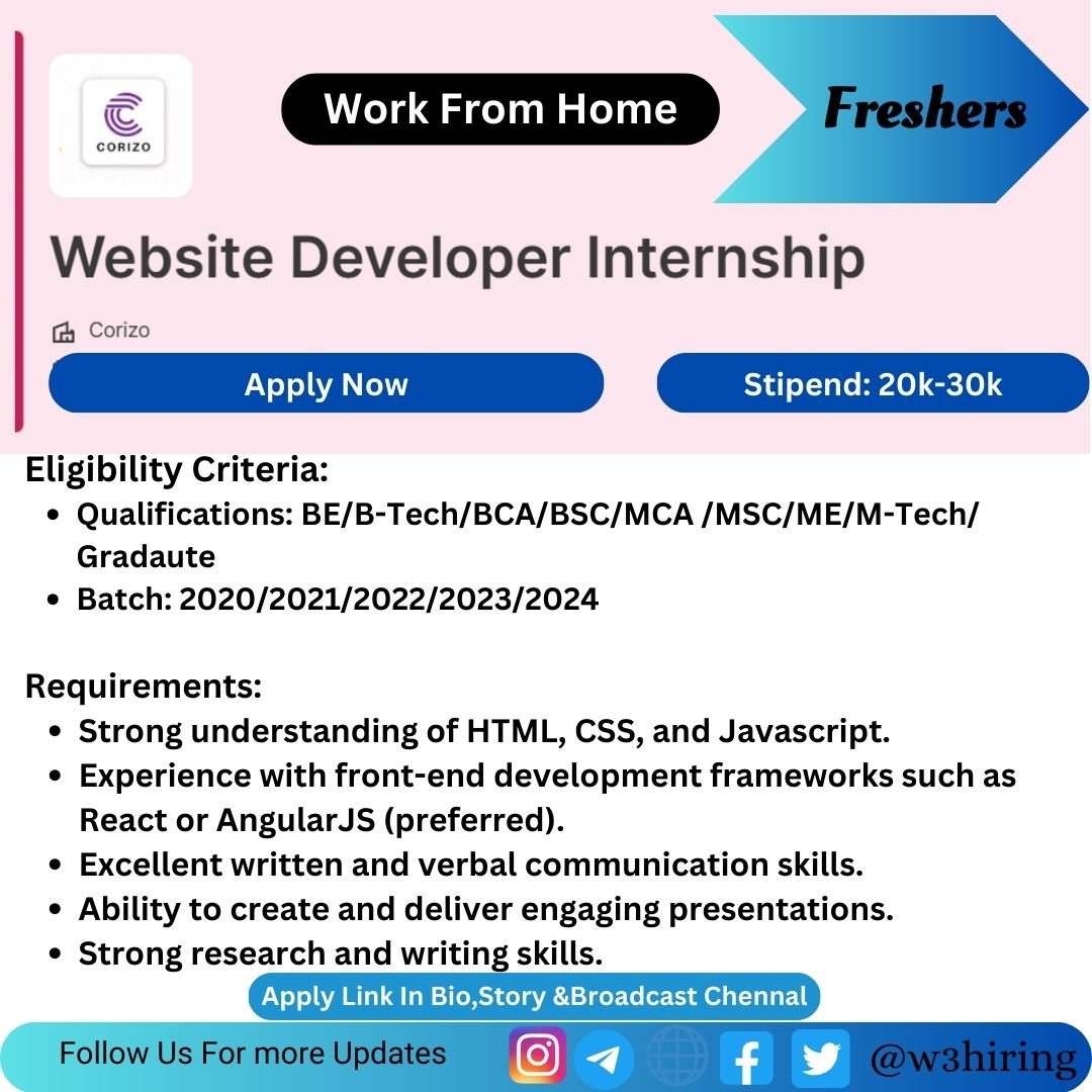 Corizo Recruitment 2024 Hiring Website Developer Internship - BE/B-Tech/BCA/BSC/MCA/MSC/ME/M-Tech/Graduate |Apply Now