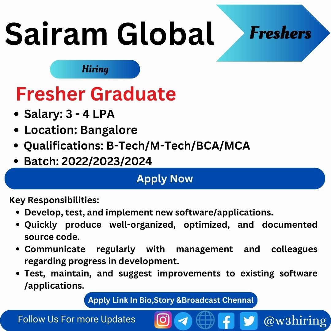 Sairam Global Recruitment 2024 Hiring Software Engineer- Bachelor's Degree |Apply Now