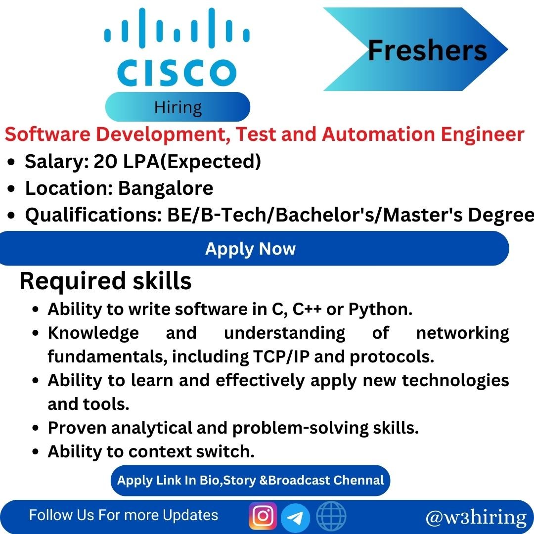 Cisco Recruitment 2024 Hiring Software Development, Test and Automation Engineer