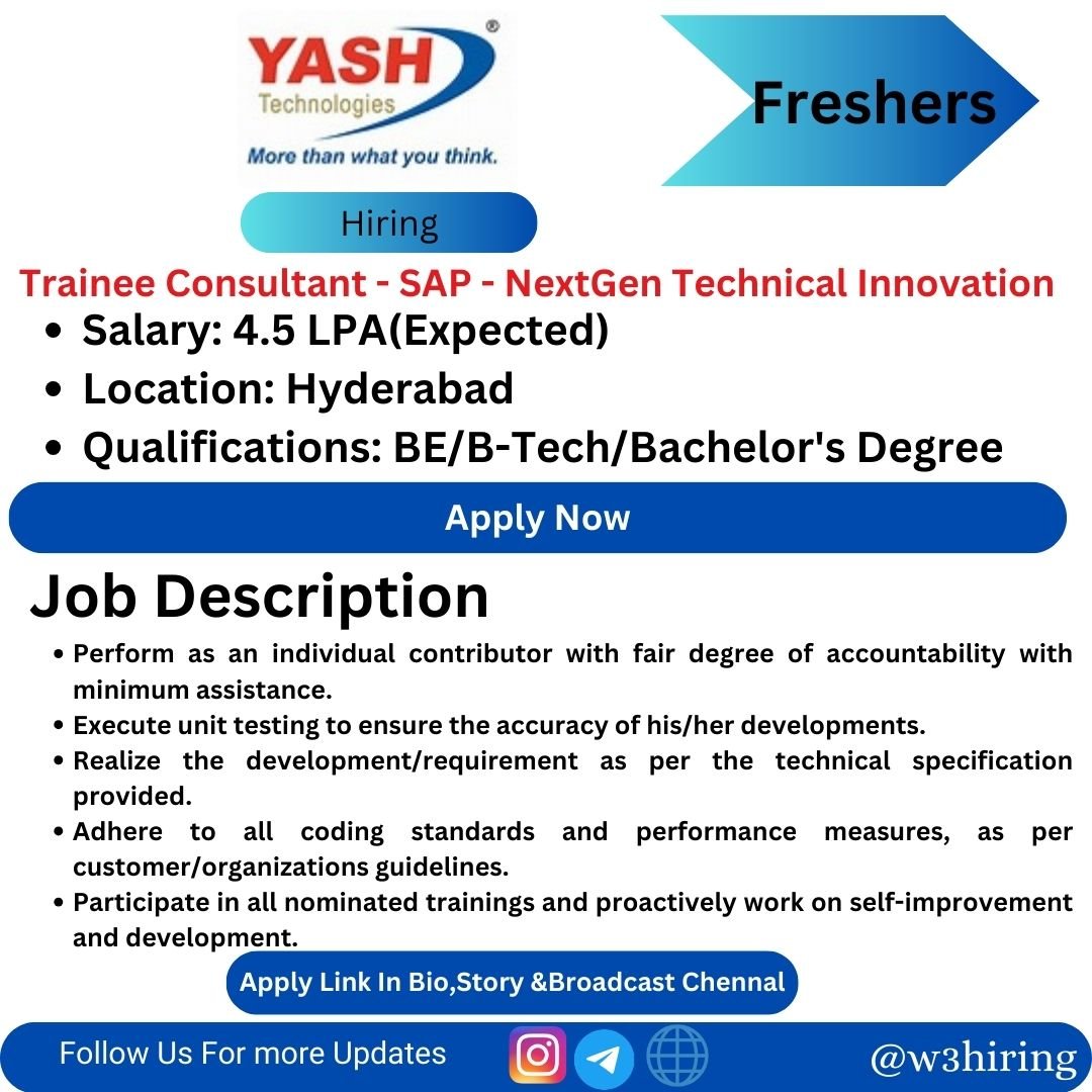 YASH Recruitment 2024 Hiring Trainee Consultant - SAP - NextGen Technical Innovation