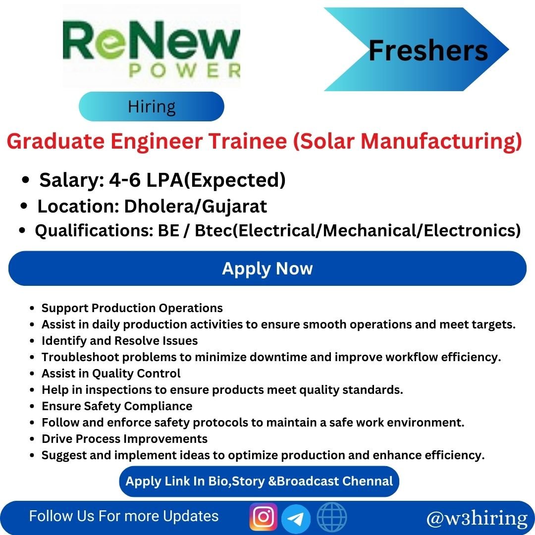 Renew Recruitment 2024 Hiring Graduate Engineer Trainee (Solar Manufacturing)