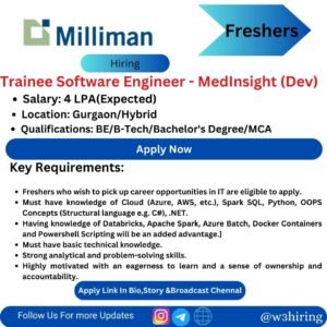 Milliman Recruitment 2024 Hiring Trainee Software Engineer - MedInsight (Dev)