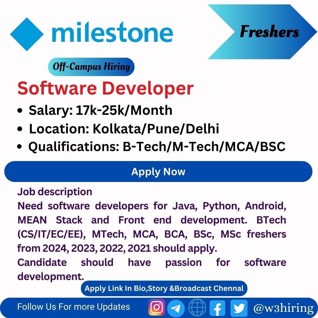 Milestone Recruitment 2024 Hiring Software Developer- B-Tech/M-Tech/MCA/BSC |Apply Now