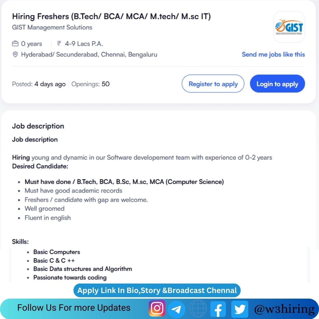 GIST Management Hiring Freshers 2025 - B.Tech/ BCA/ MCA/ M.tech/ M.sc IT) |Apply Now