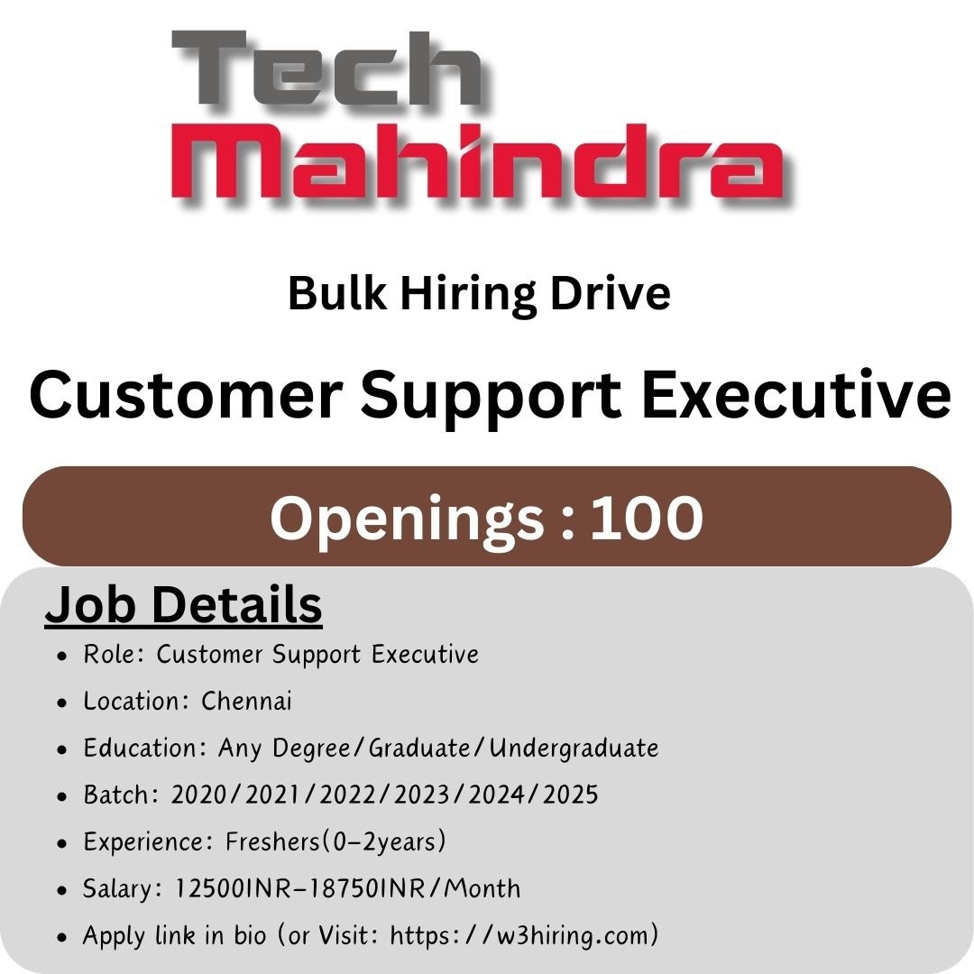 Tech Mahindra Bulk Hiring 2025 Hiring Customer Support Executive