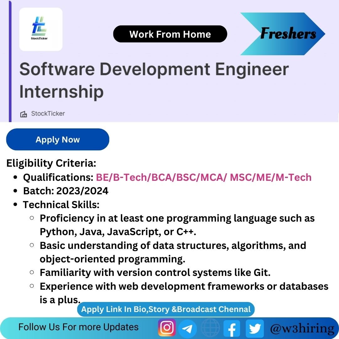 StockTicker Recruitment 2025 Hiring Software Development Engineer Internship