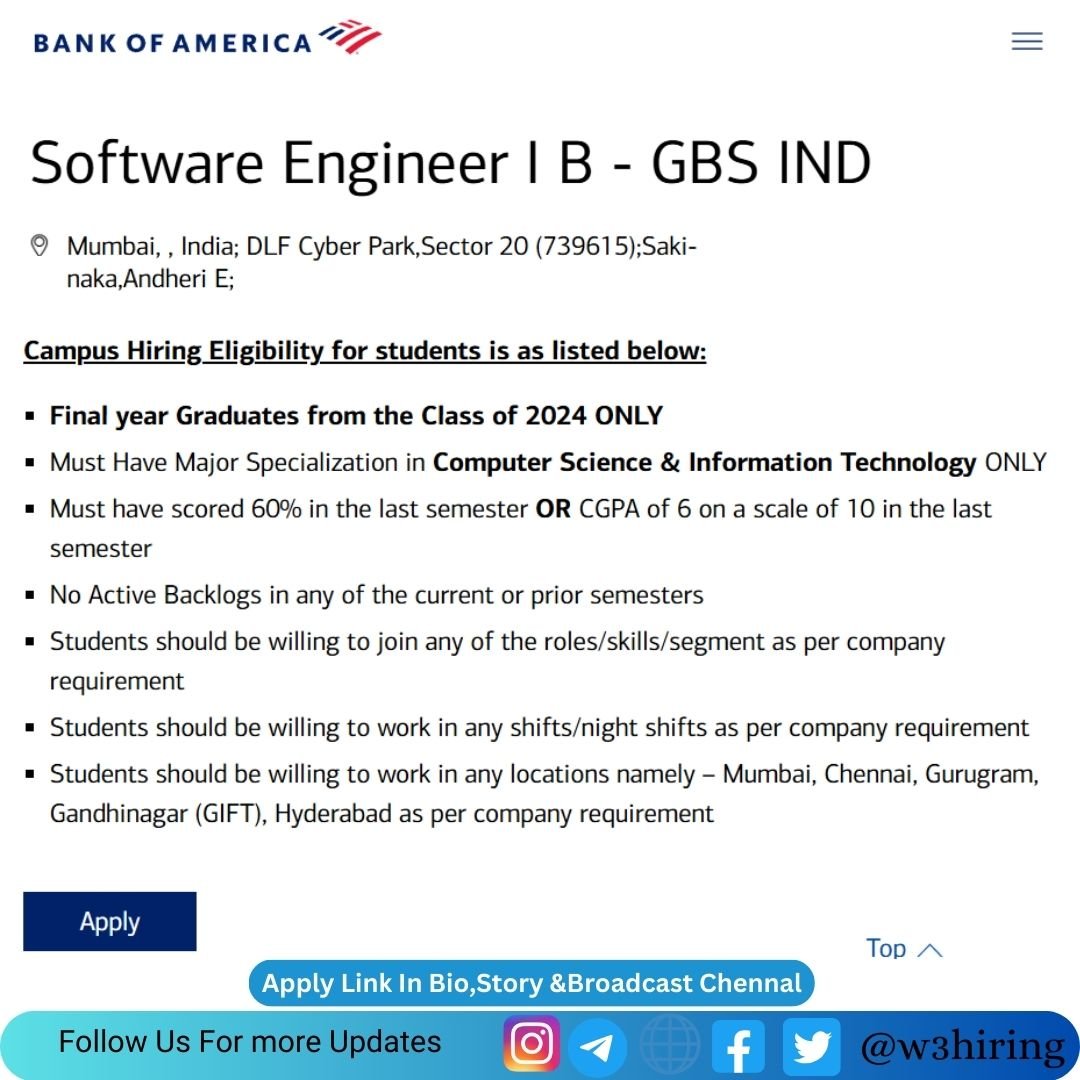 Bank Of America Bulk Hiring Recruitment 2025 Hiring Software Engineer